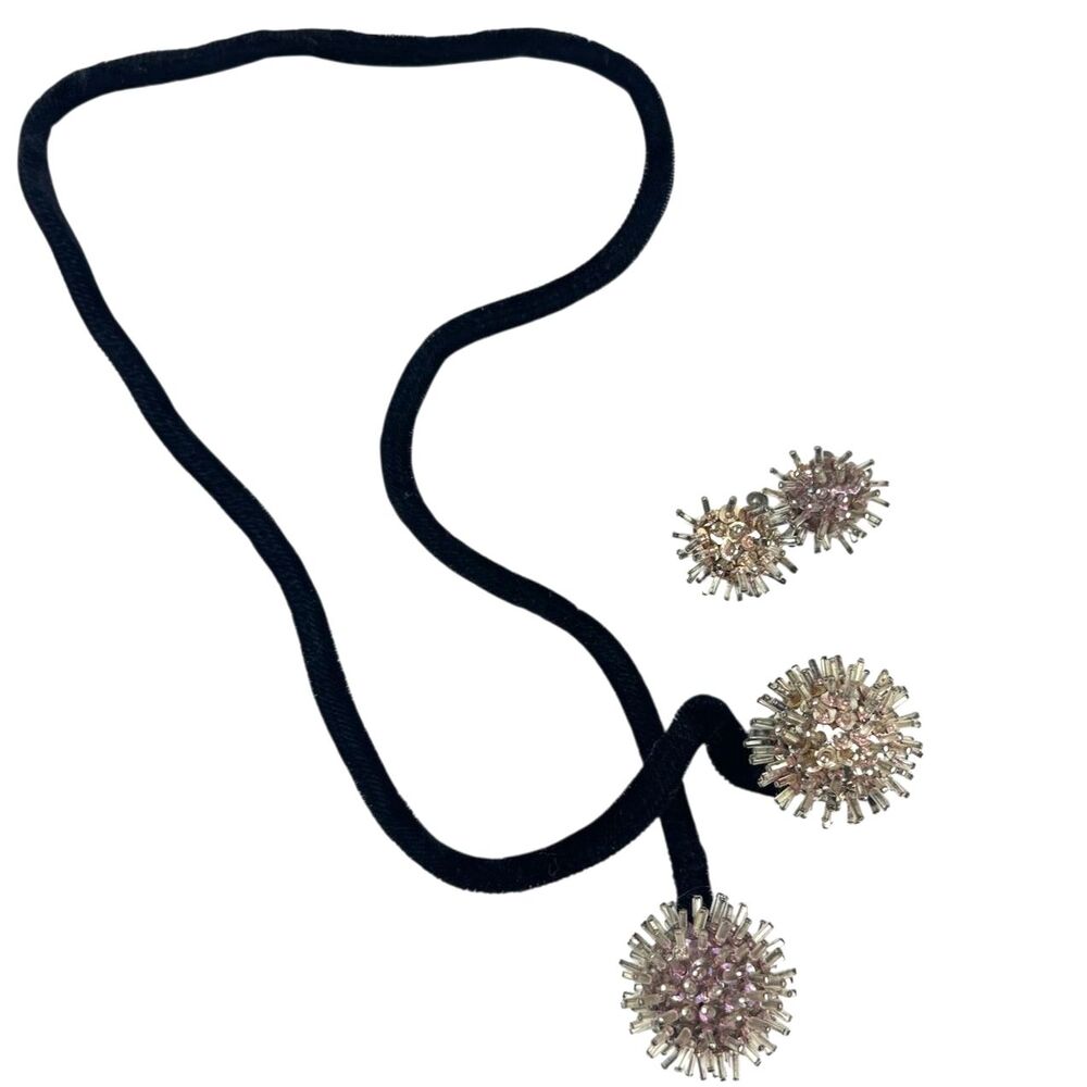 Vintage Push Pin Sequin Ball Ornament Velvet Cord Lariat Necklace & Earring Set